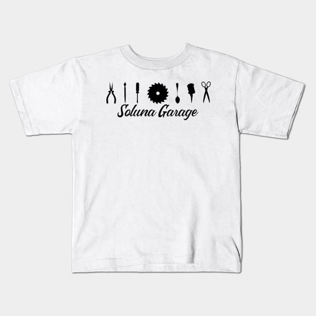 Soluna Garage (black art, banner style logo) Kids T-Shirt by solunagarage